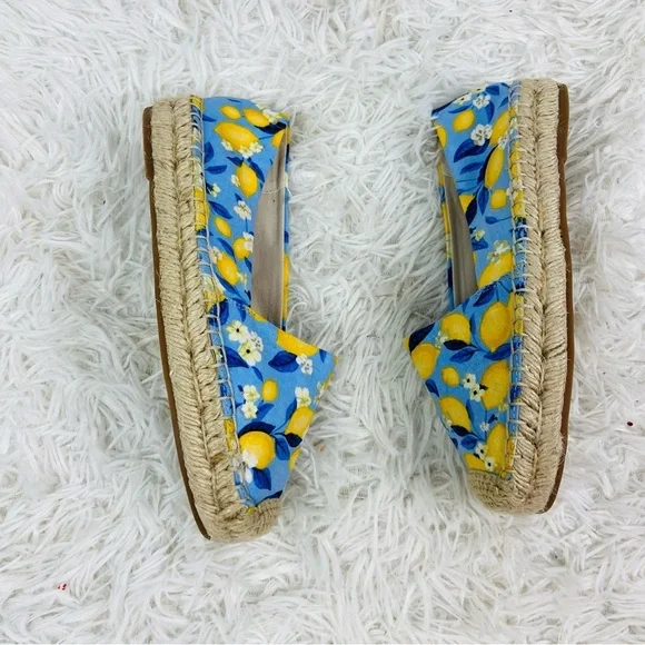 NWOT ANN TAYLOR blue & yellow lemon print tapestry summer espadrille shoes SZ 6 - Picture 7 of 17
